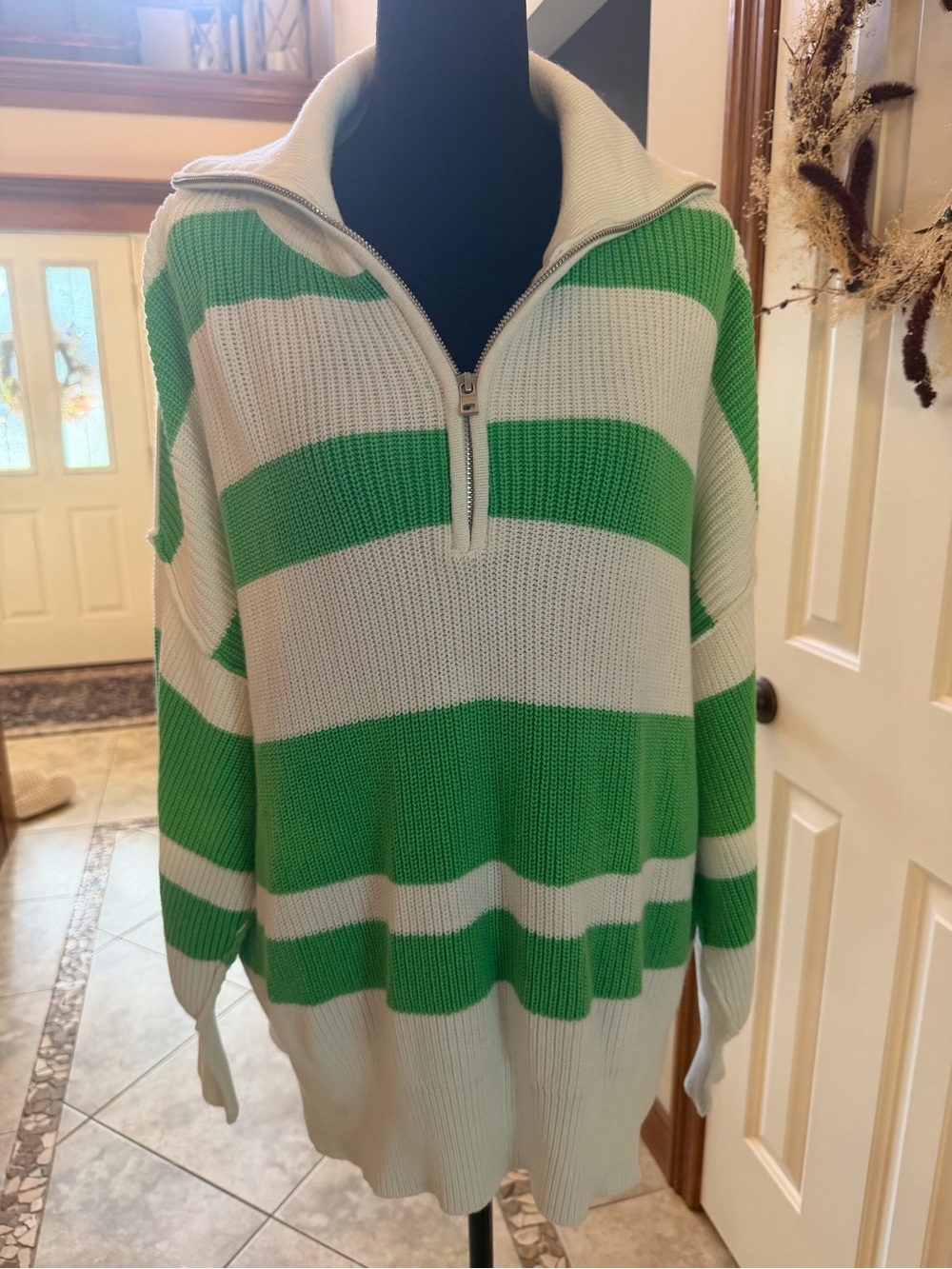 Aerie Oversized Striped Quarter Zip Sweater Green White Size Small EUC